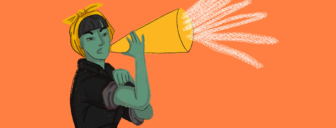 A woman flexes her muscle as she shouts into a megaphone