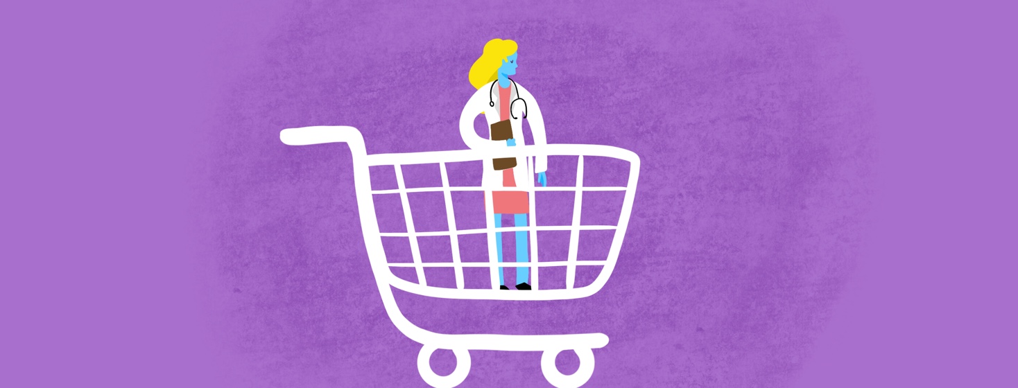 A doctor inside of a shopping cart