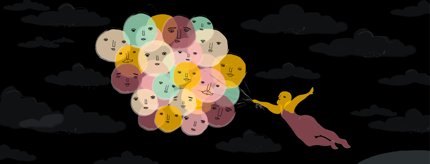 A woman is being lifted up by a bunch of balloons with smiling faces on them across a night sky.