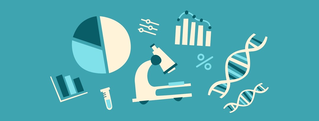 A microscope, bar graph, pie graph, and DNA strands in a collage on a teal background.