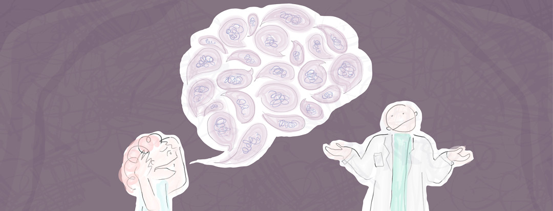 Woman is distressed and talking to a shrugging doctor. Her word bubbles are forming a large brain cloud.