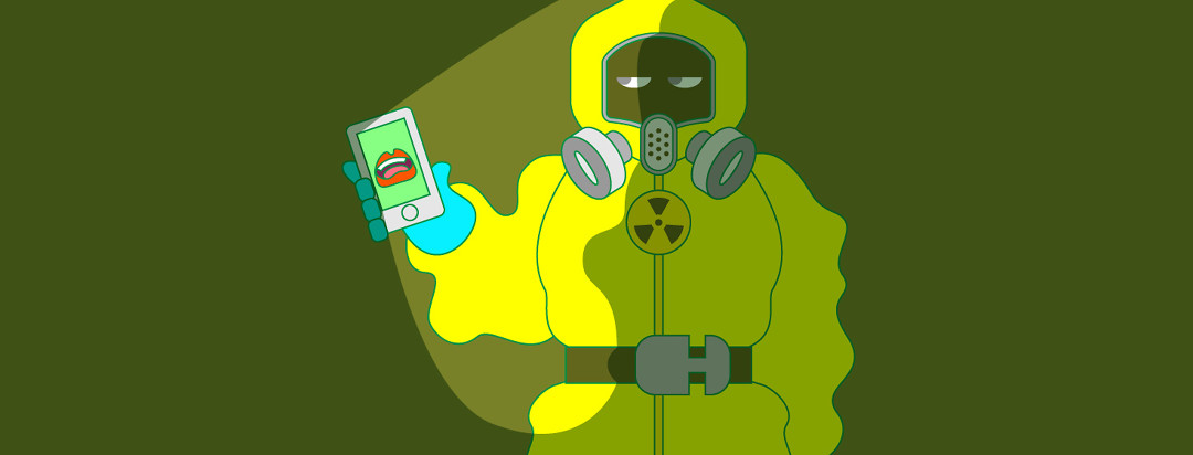 A person in a hazmat suit looks warily at a talking mouth on their phone