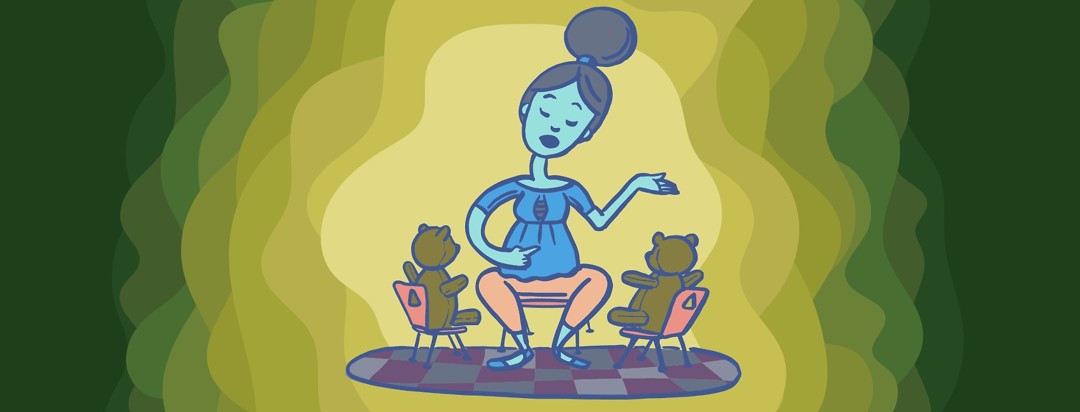 a woman talking to two teddy bears in tiny chairs and pointing to herself