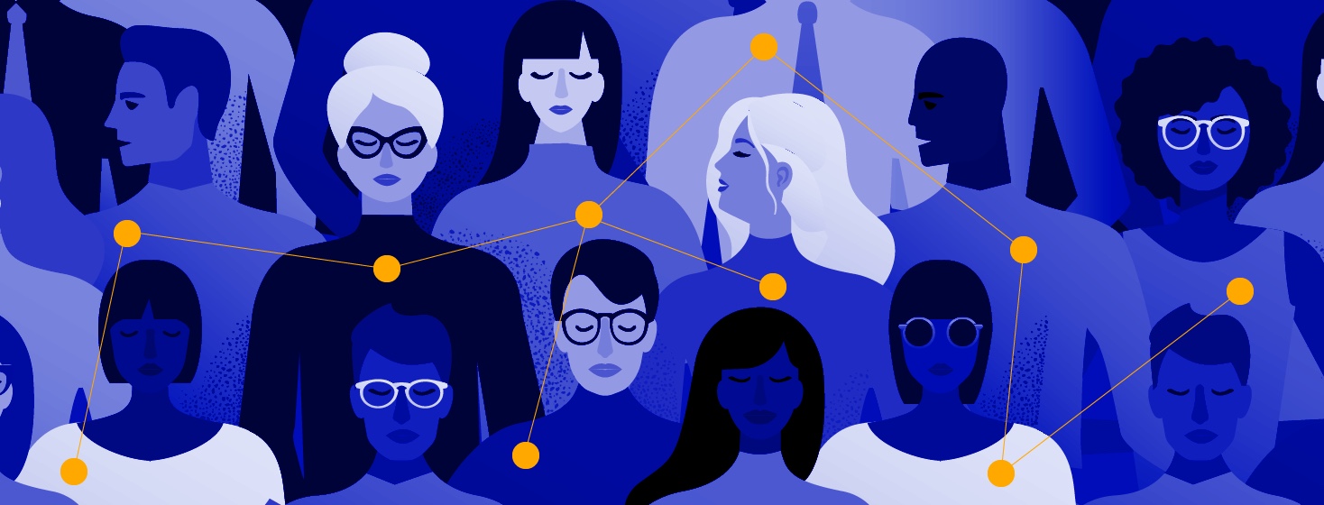 A group of women and men are all standing somberly, connected by a common thread