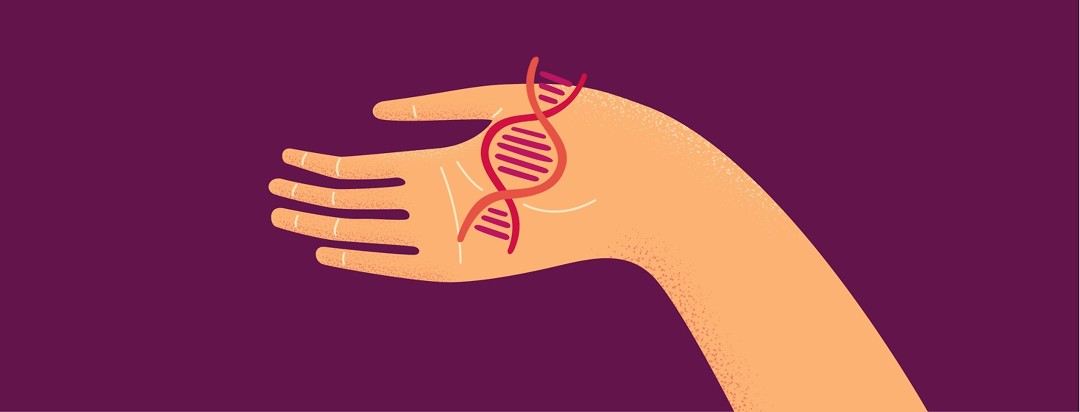A hand holds a double helix in the palm