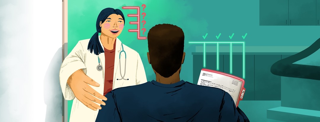 A doctor welcomes in a patient (with his arms full of paperwork) into a doctor