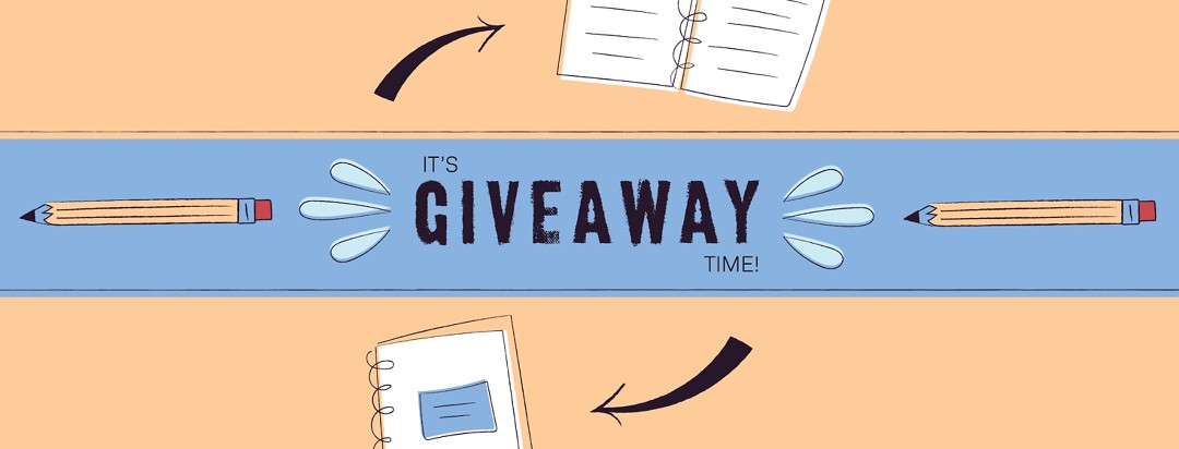Text that says, It's Giveaway Time, with arrows pointing to notebooks
