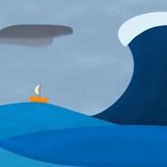 Giant wave moving toward a tiny sailboat.