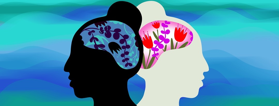 A woman's head is reflected and faced back to back - one of the brains encompasses vibrant colorful flowers, while the other includes dark and wilted flowers