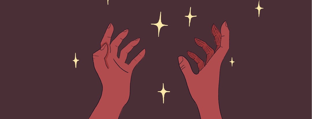 Two hands wave with magical stars around them