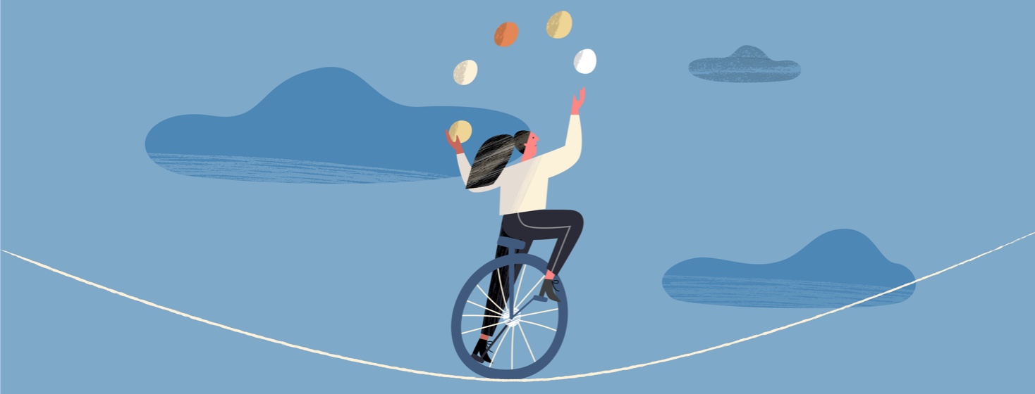 A woman juggles while riding a unicycle on a tightrope