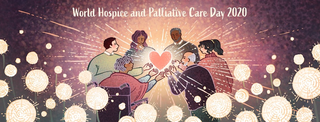 A diverse group of people hold a glowing heart together in honor of World Hospice and Palliative Care Day.