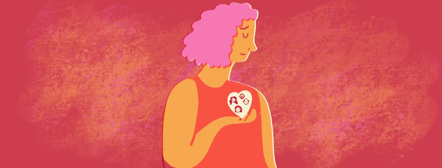 A woman looks lovingly down at her heart, which is full of old friends