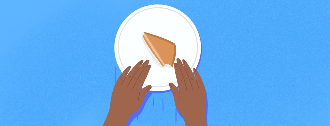 A plate sits on a table with a sandwich with one bite taken out of it, while a pair of hands pushes the plate away