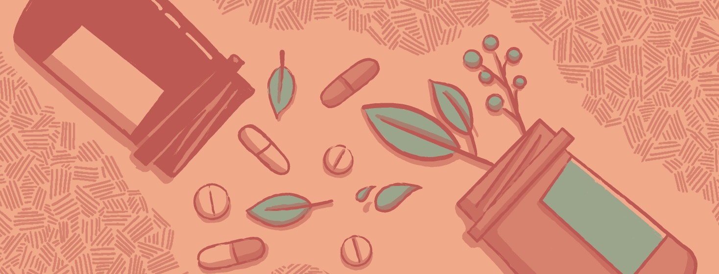 Two bottles spill onto the tables with pills and leaves