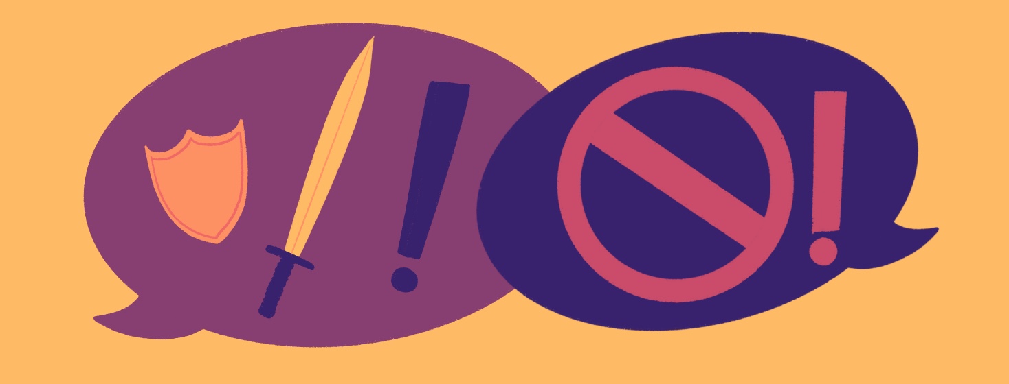 Two speech bubbles talk to each other, one with a shield and sword, the other with a symbol for NO