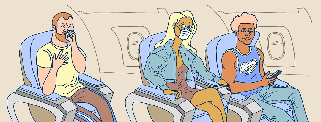 A row of airplane seats has one female passenger with a mask on and a worried look as the person behind her coughs