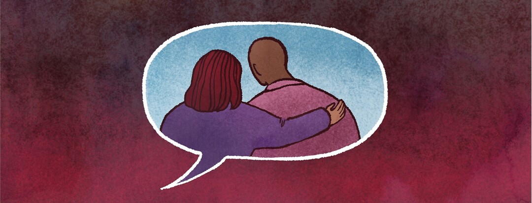Inside a speech bubble, a woman puts her arm around a man's shoulder in a gesture of comfort