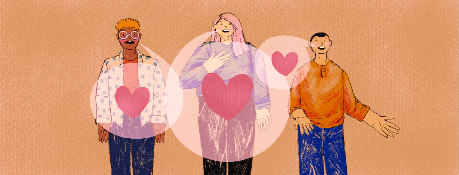 Three people speaking out are connected by overlapping speech bubbles with hearts in them.