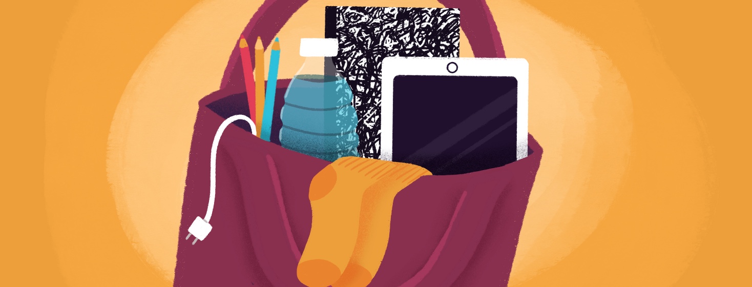 A bag full of drawing pencils, a notebook, charger, water, socks, and an iPad