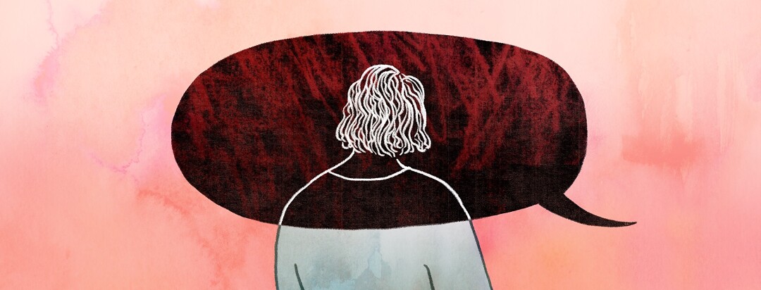 A woman's head and shoulders are overlapped by a giant dark speech bubble bearing bad news