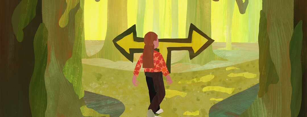 A woman comes to a fork in a swampy forest road