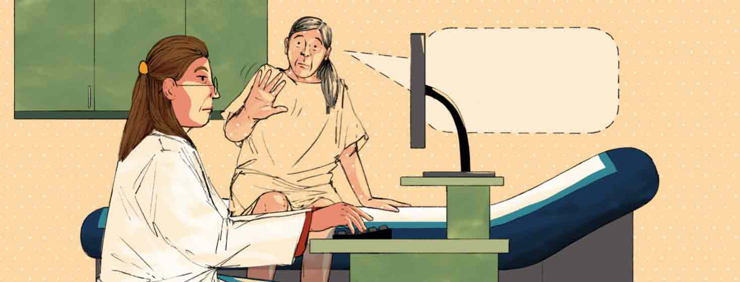 A doctor is focused on typing on a computer while a patient in a hospital gown is trying to get her attention but is fading into the background. The dotted outline of a speech bubble is coming out of the patient's mouth. being ignored, invisible, not getting answers, frustration, doctor adult female, senior female POC