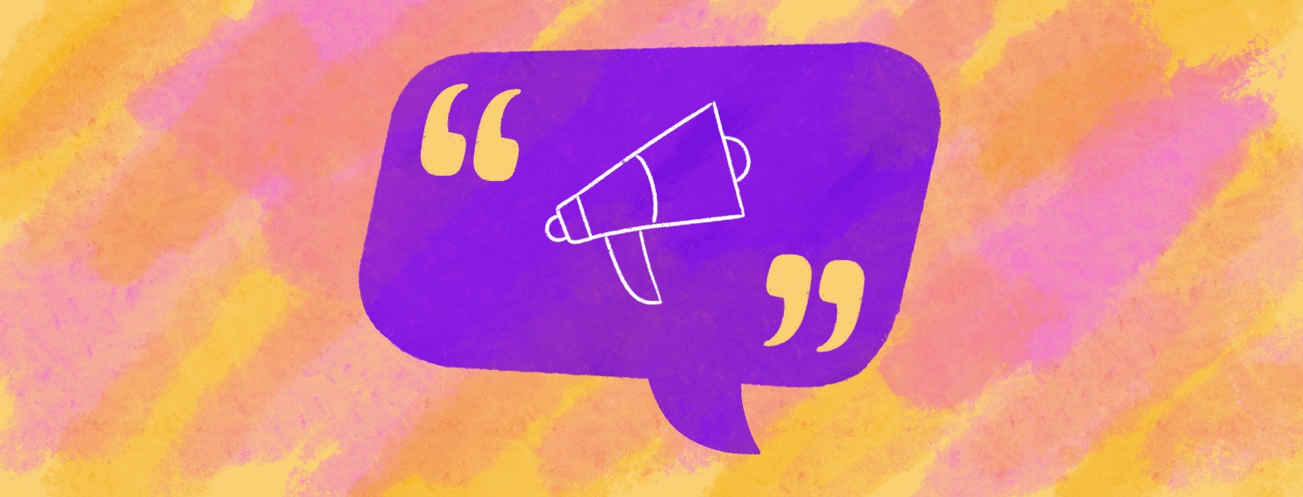 A purple speech bubble with a megaphone surrounded by quotation marks