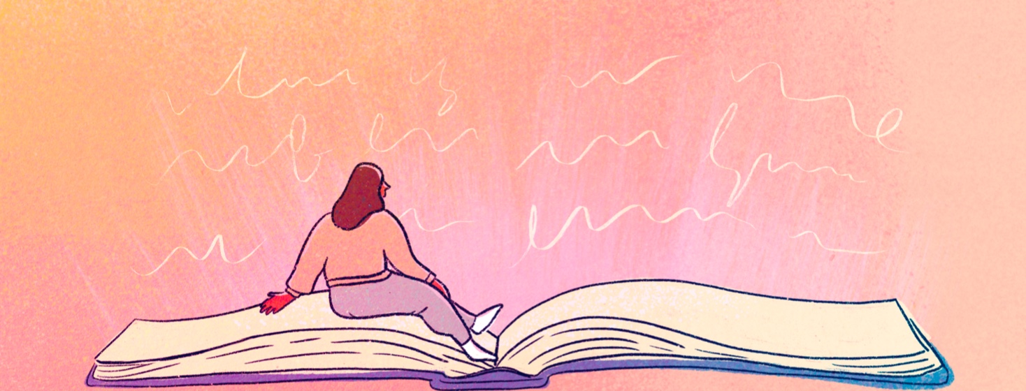 A woman relaxes on an open book and reads words that float off the page