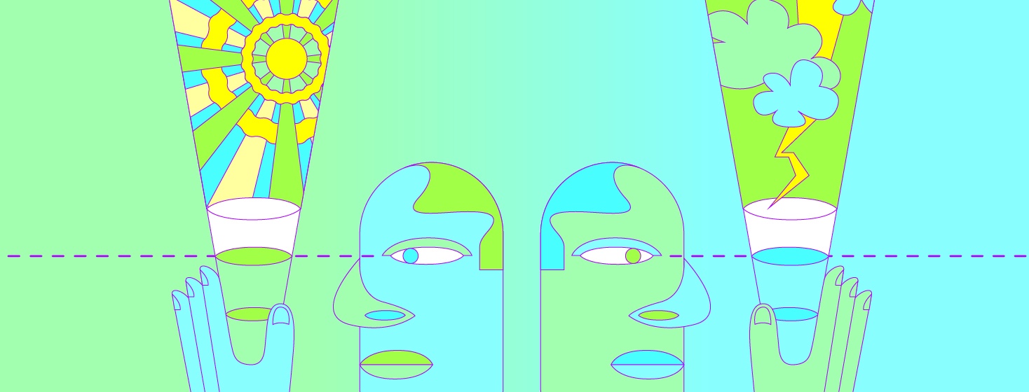 two figures stare at half full and half empty glasses representing optimism and pessimism
