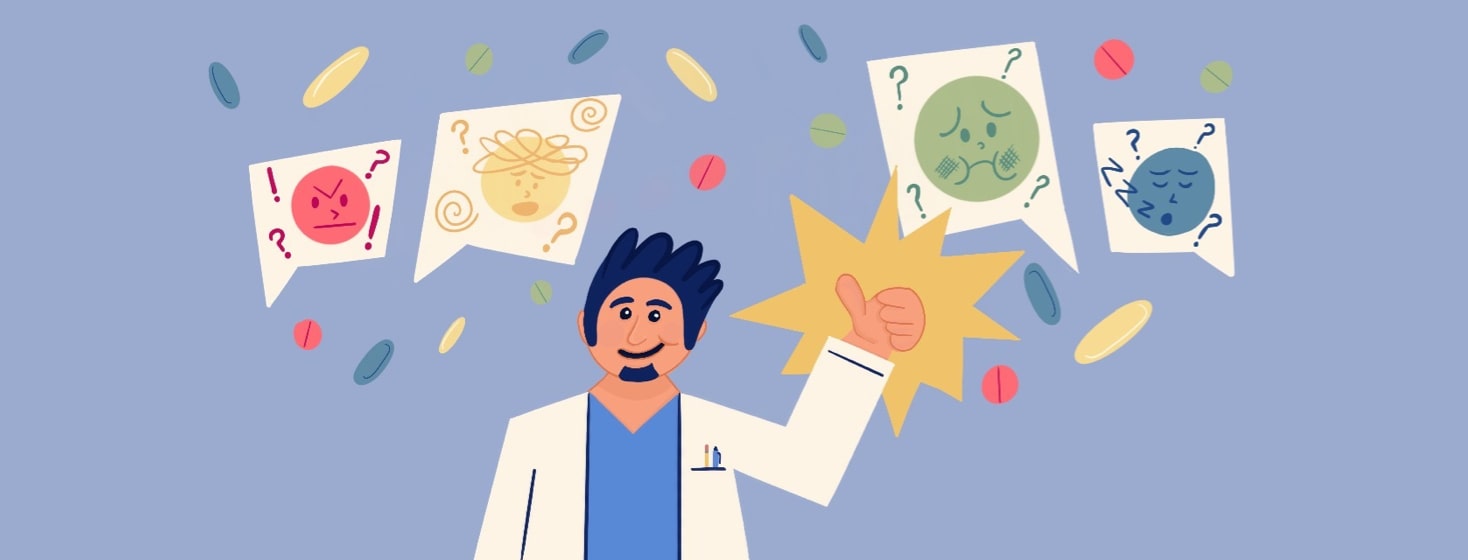 Doctor surrounded by speech bubbles with questions about medication side effects. He just gives a thumbs up to their concerns.