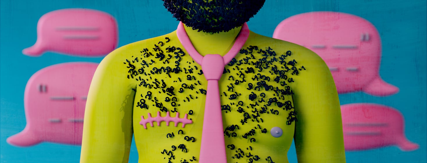 A close-up of a bearded man's chest. He is wearing a pink tie. On the left is a scar left from a mastectomy. There are pink speech bubbles behind him.