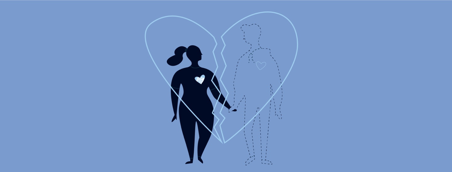 A woman holds hands with a dotted outline of a man, a broken heart overlayed on them