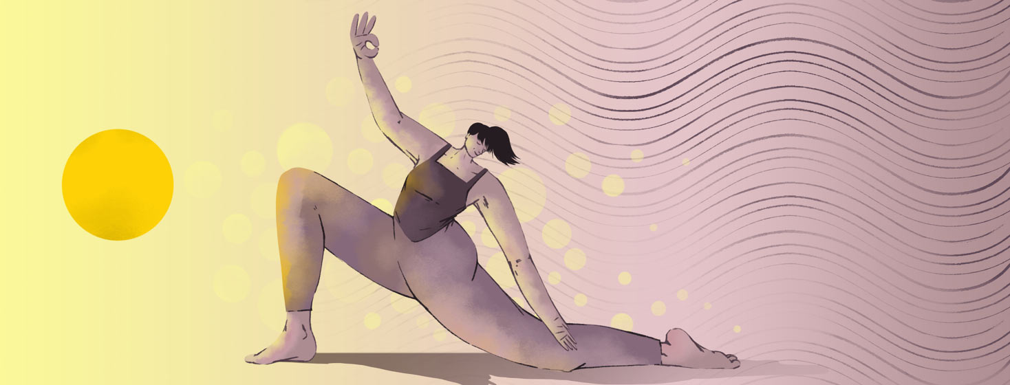 A woman does yoga toward a warm sun with soft circles and wavy lines in the background. warmth, smile, content, relief, stretching adult female