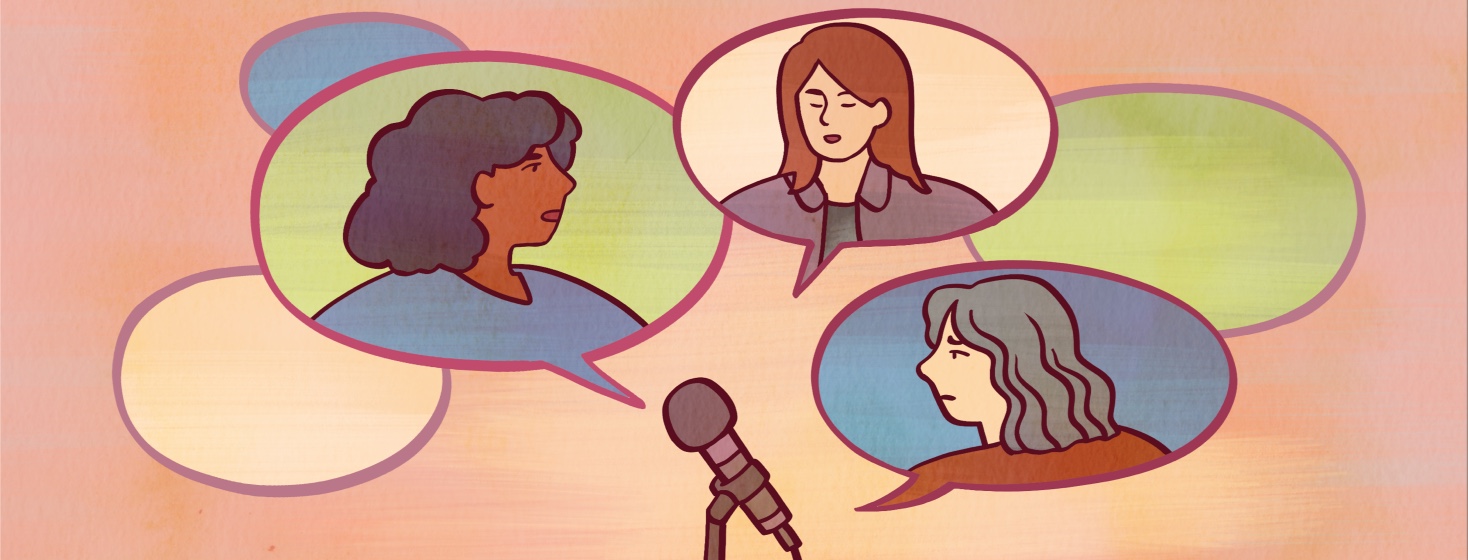 Women's portraits appear in speech bubbles emerging from a microphone