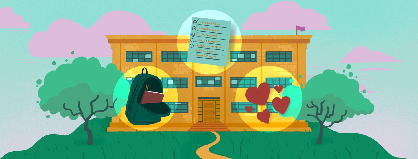 A school with three floating bubbles inside of it, a backpack, a checklist, and a collection of hearts