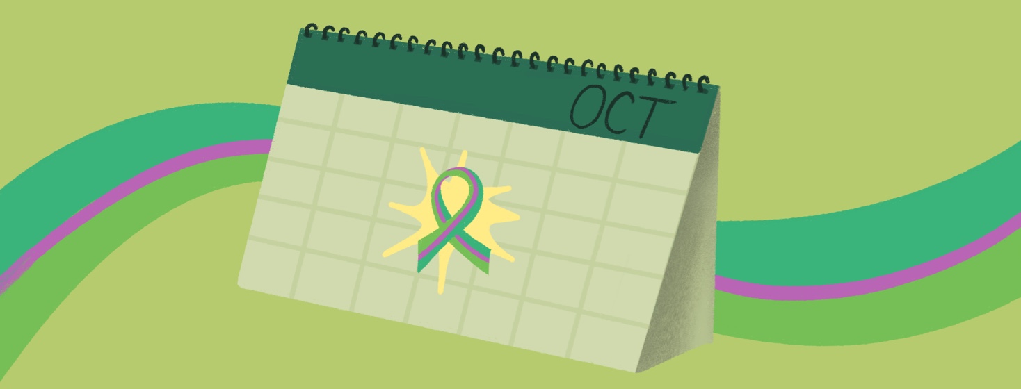 An October calendar with a date highlighted in the middle showing the metastatic breast cancer awareness ribbon with teal, green and a pink stripe