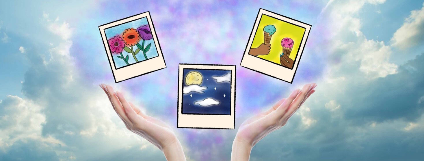 Hands cupped below Polaroid-style illustrations of flowers, the night sky and two people enjoying ice cream