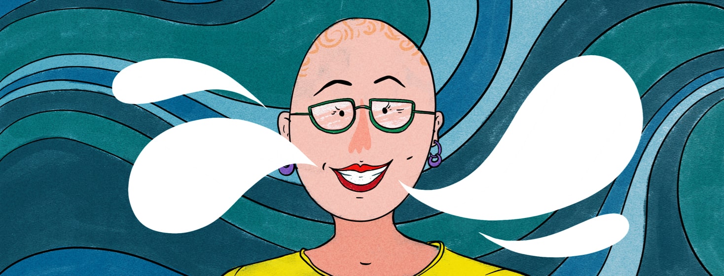 Woman with tattooed scalp and glasses and white speech bubbles coming out of her mouth