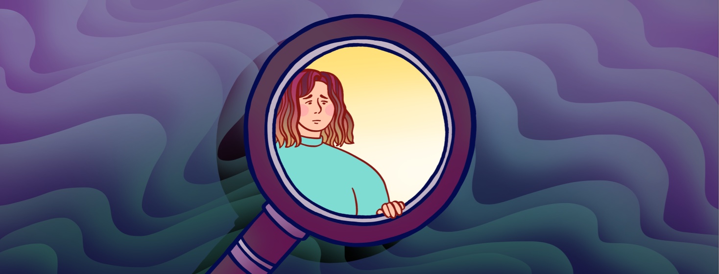 A woman looks out from inside a magnifying glass with a sad expression