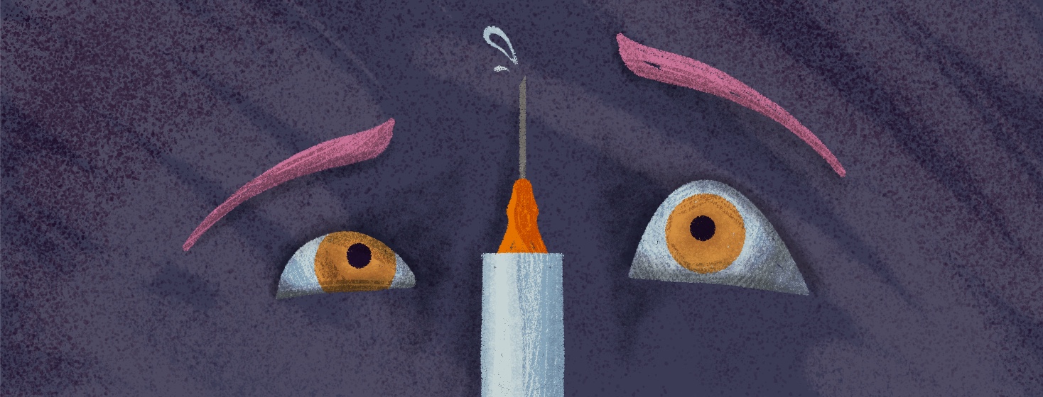 A pair of worried eyes looks nervously at a hypodermic needle in between them