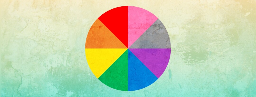 A color wheel representing pink, red, orange, yellow, green, blue purple and grey