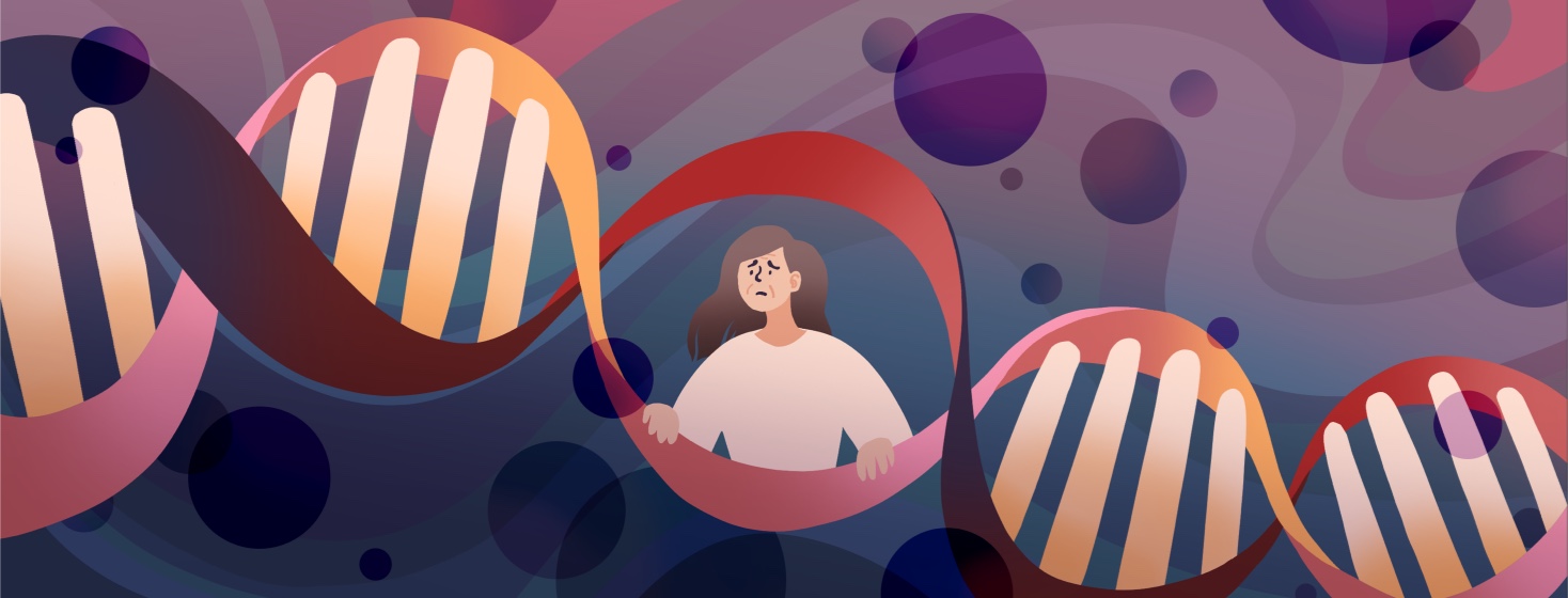 A woman looks out from inside a strand of DNA with a worried expression