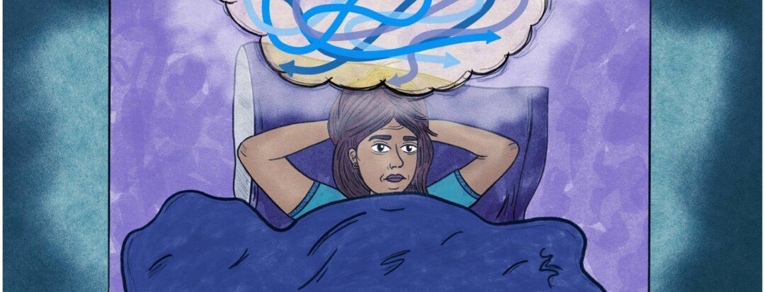 A woman lying awake in bed while thoughts represented as arrows swirl in different directions