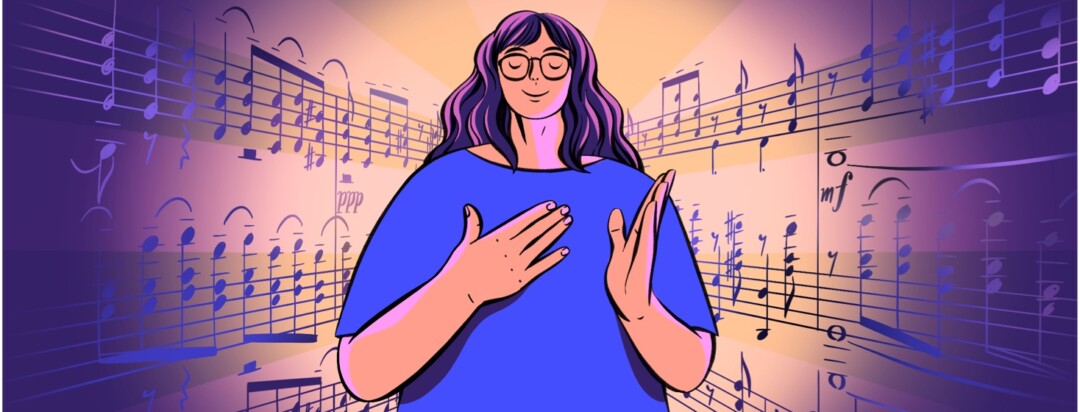 A woman with her hand on her heart and music emanating from behind her