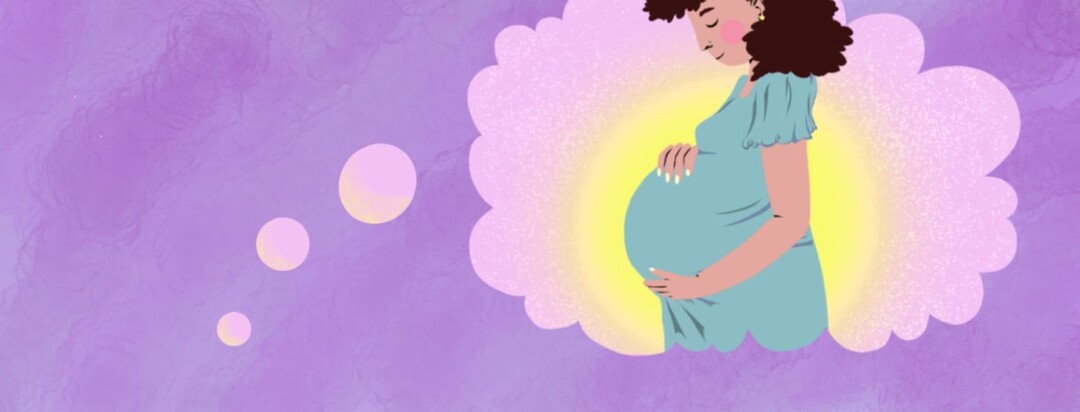 A thought bubble is popping up with a pregnant woman holding her belly inside of the bubble