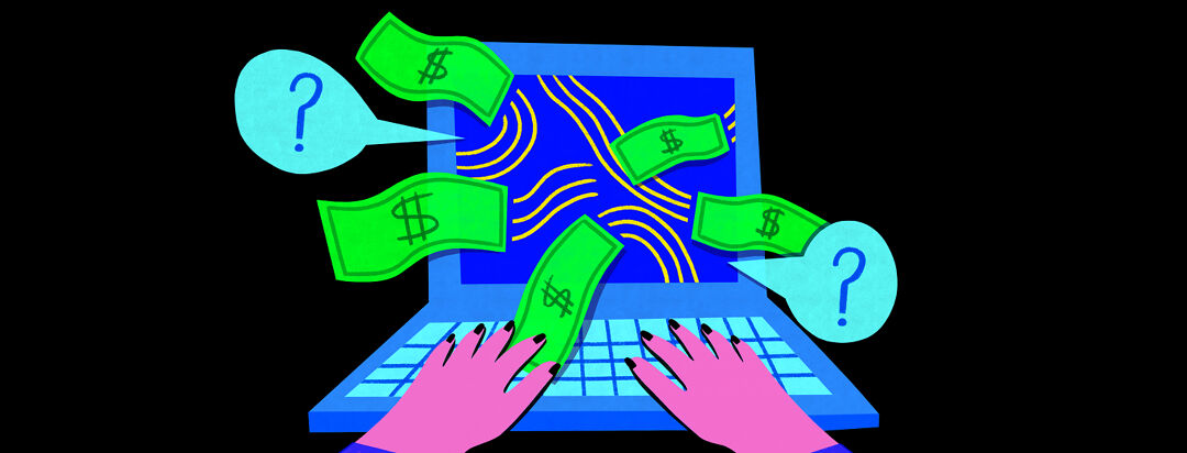 Hands at a computer typing, coming out of the screen are money, and excited speech bubbles