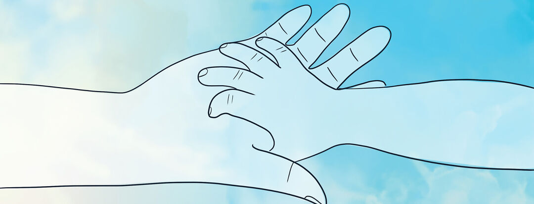 Parent and child's hands shown holding each other with the sky in the background