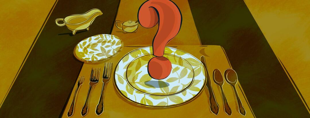 A fancy table setting with a large question mark hovering over the dinner plate.