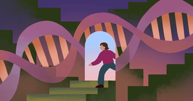 A woman walks through a doorway, surrounded by endless stairs with floating DNA around her.